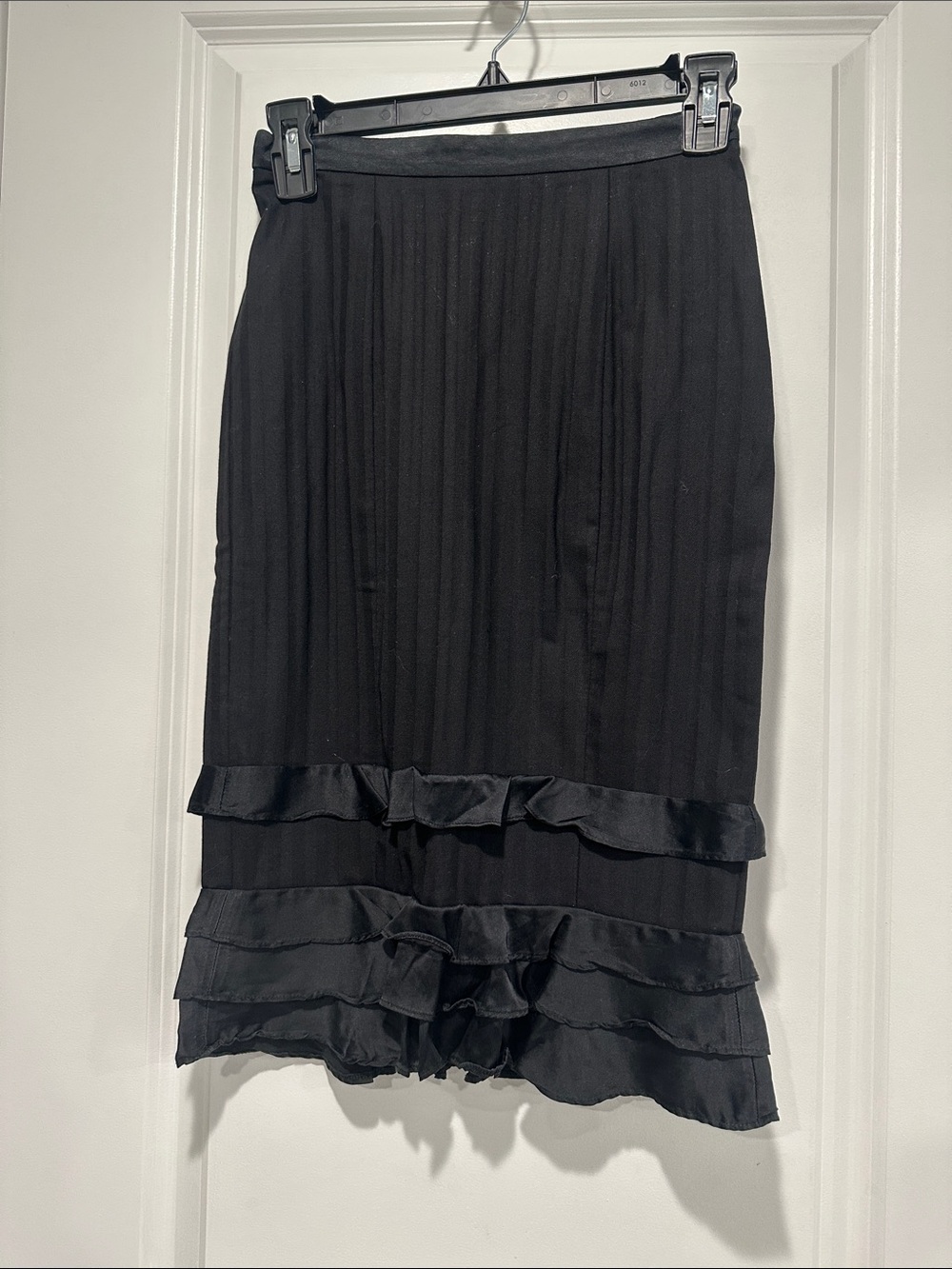 bebe Black Pleated Midi Skirt with Ruffle Hem